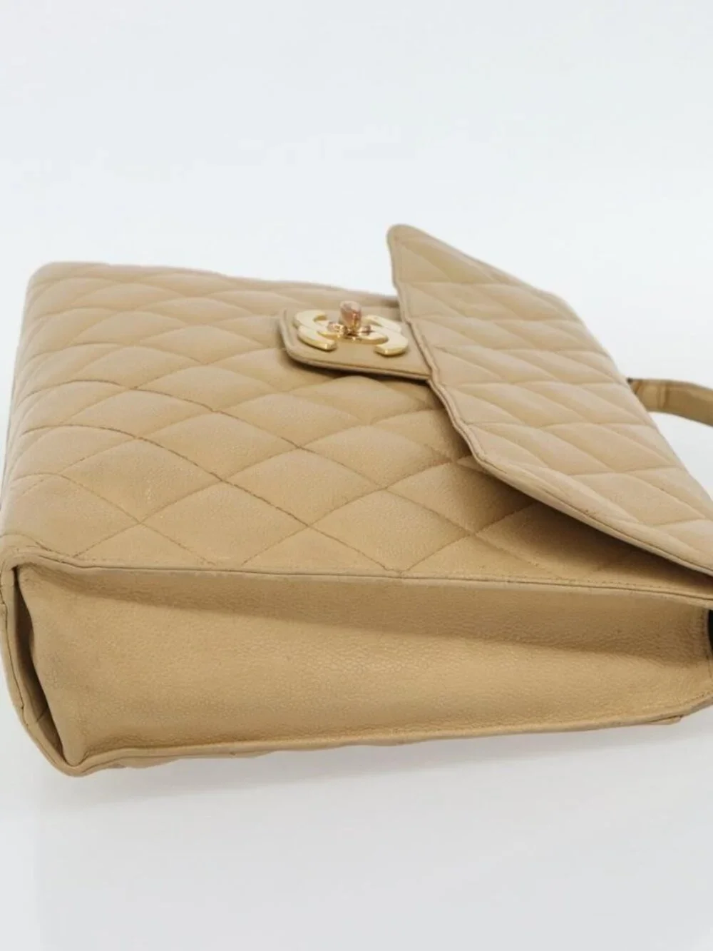 CHANEL Matelasse Business Bag Grained Calf Skin Beige Gold CC Auth bs35346